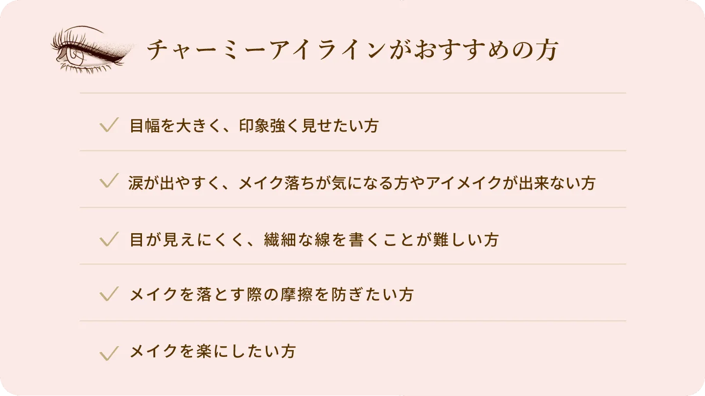 チャーミーアイラインがおすすめの方 目幅を大きく、印象強く見せたい方 涙が出やすく、メイク落ちが気になる方やアイメイクが出来ない方 目が見えにくく、繊細な線を書くことが難しい方 メイクを落とす際の摩擦を防ぎたい方 メイクを楽にしたい方